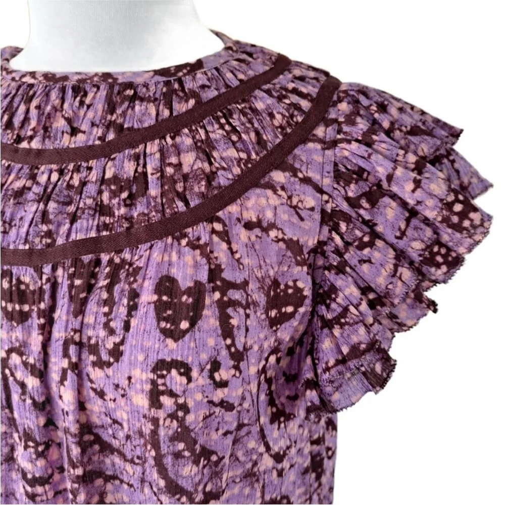ULLA JOHNSON Amai Blouse Purple Batik Top Size 4 Small Flutter Sleeve Boxy - Picture 5 of 11